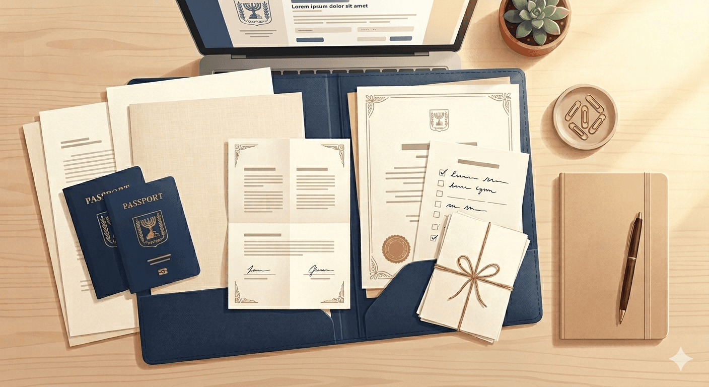 An organized record of passports, certificates, and lease documents arranged on a warm desk surface