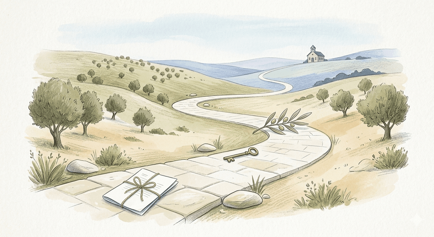 A soft illustrated timeline showing the months and years of an Aliyah journey unfolding gently